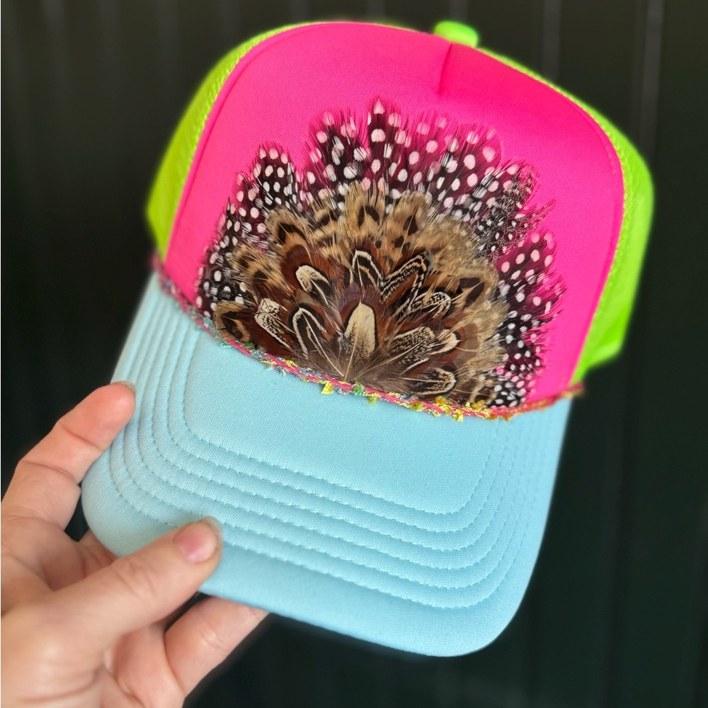 Neon Pink and Green Feathered Cap